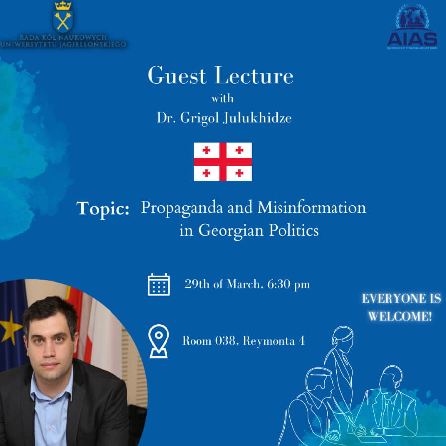 blue poster with details of guest lecture and photo of dr grigol julukhidze